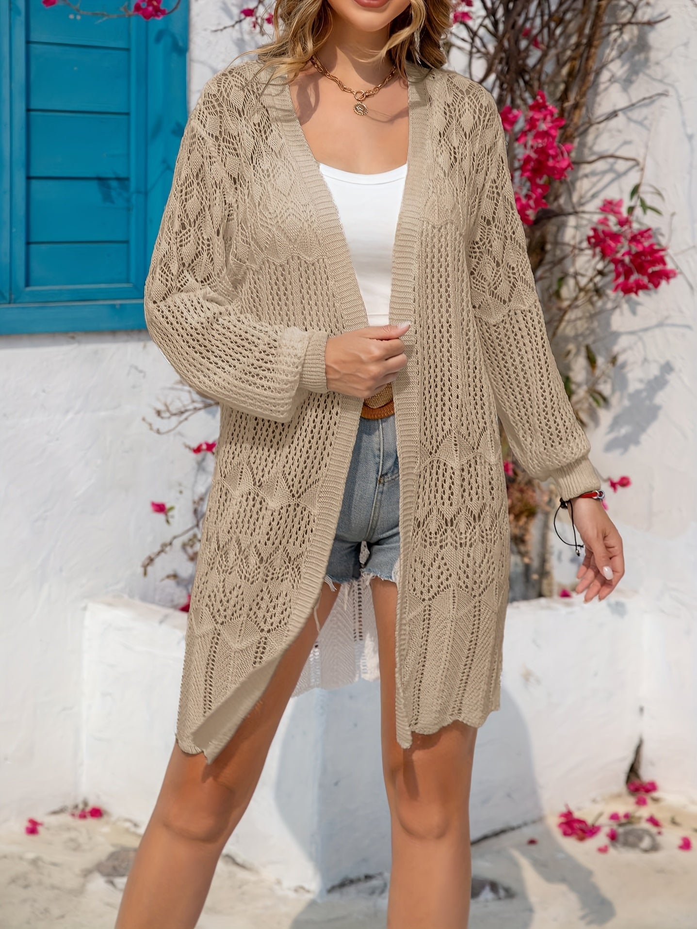 Women's White Lace Cardigan Floral Pattern Lightweight Long Sleeve Spring Summer Knit Cover-Up