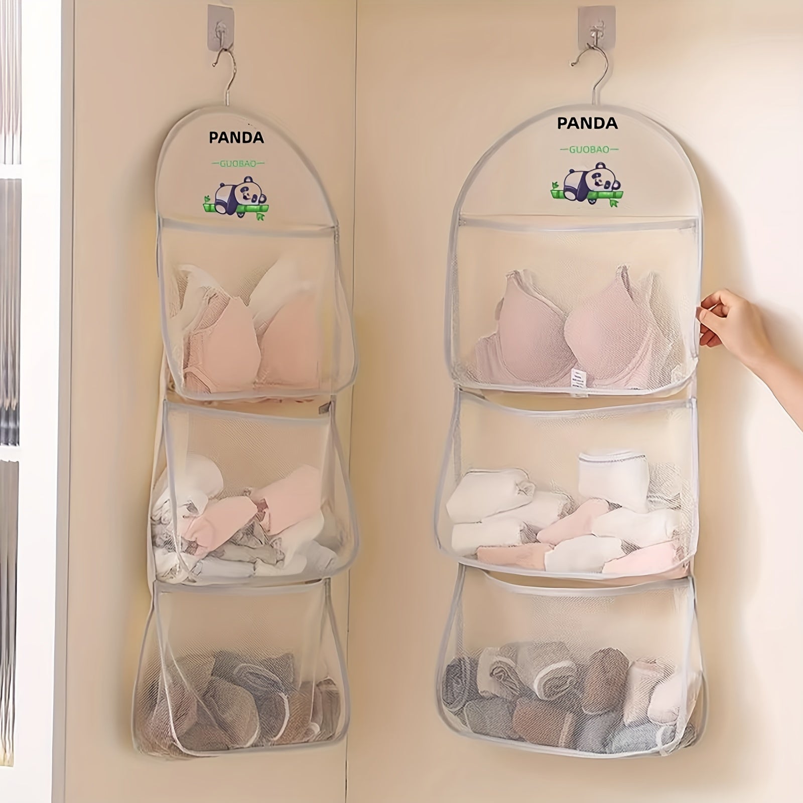 Panda Themed Nylon Hanging Storage Organizer for Underwear Socks with Multiple Compartments
