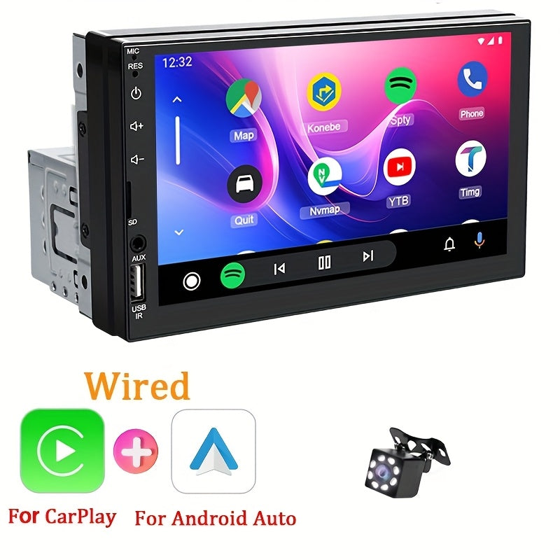 HIPPCRON Yagona DIN Avtomobil MP5 Multimedia O'yinchisi 17.78 sm HD sensorli ekran, simli CarPlay va AndroidAuto qo'llab-quvvatlash, pastki qismida Radio Box, MirrorLink va navigatsiya uchun simsiz ulanish bilan.