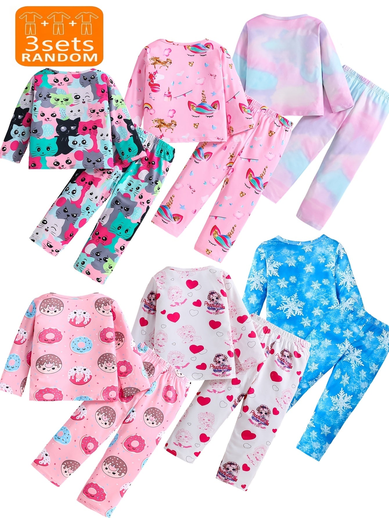 Girls' Flame Resistant Pajama Sets 3-Pack Long Sleeve Cartoon Patterns for Kids