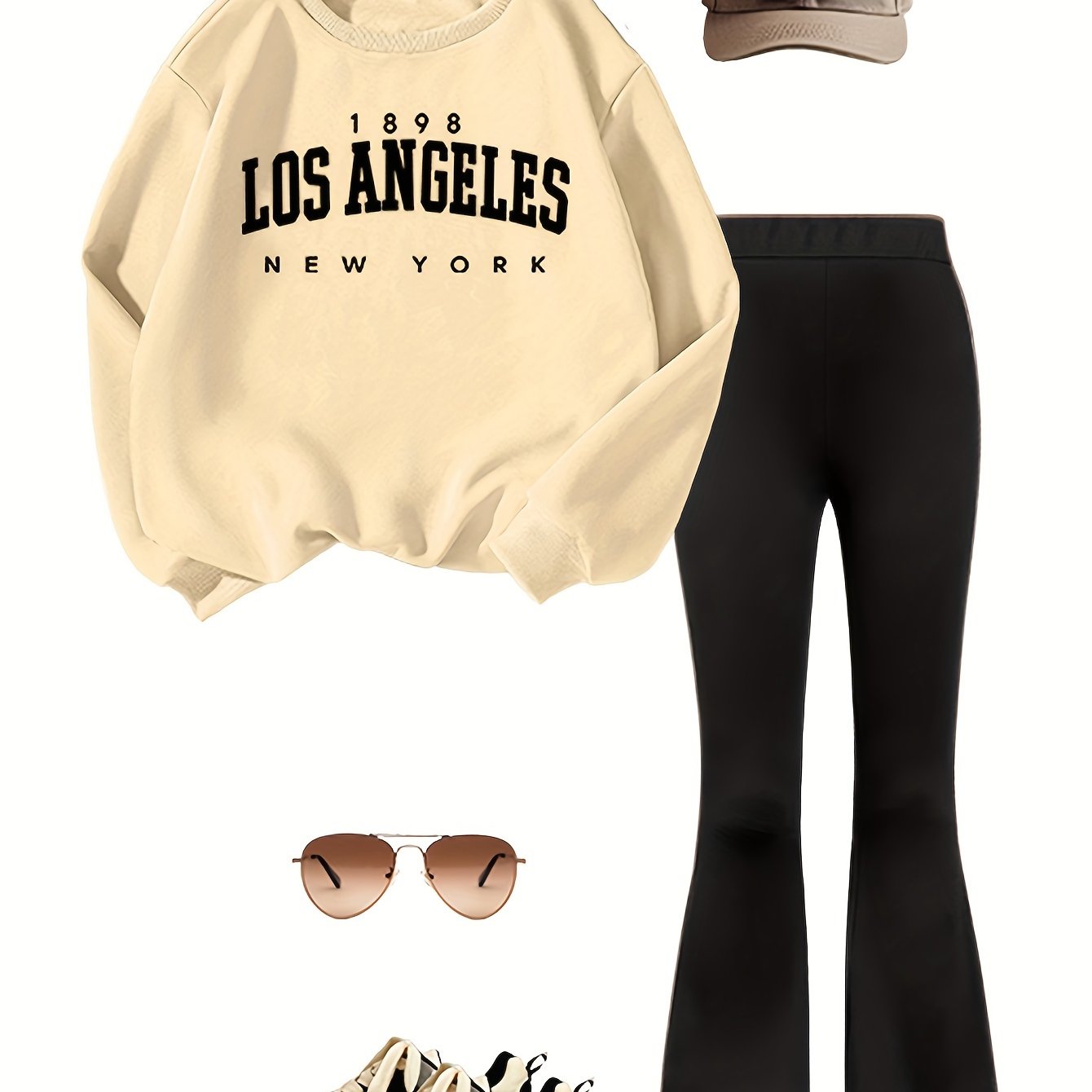 Conjunto de sudadera de manga larga y pantalones acampanados de otoño para niñas con patrón de letras, punto de poliéster, ropa casual para exteriores para niñas mayores de 3 años