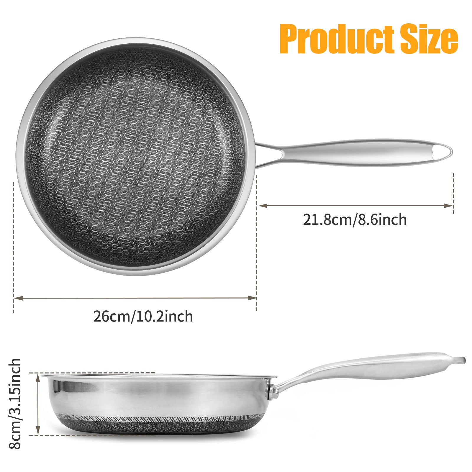 Stainless Steel Frying Pan with Lid 25.4cm Nonstick Induction Compatible