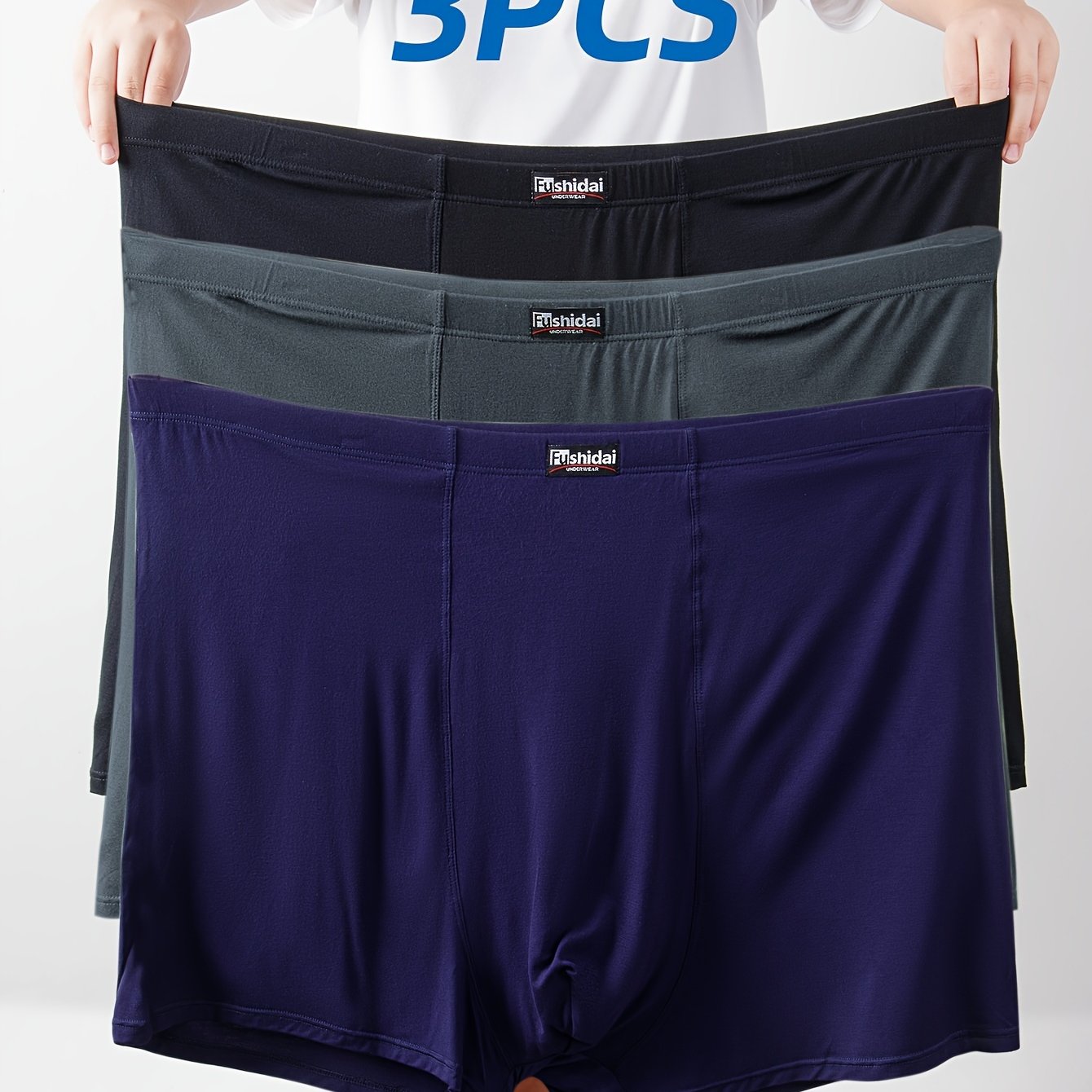 Men's Plus Size High-Waist Boxer Briefs Set 3 Pack Modal Spandex Dark Blue Gray Navy