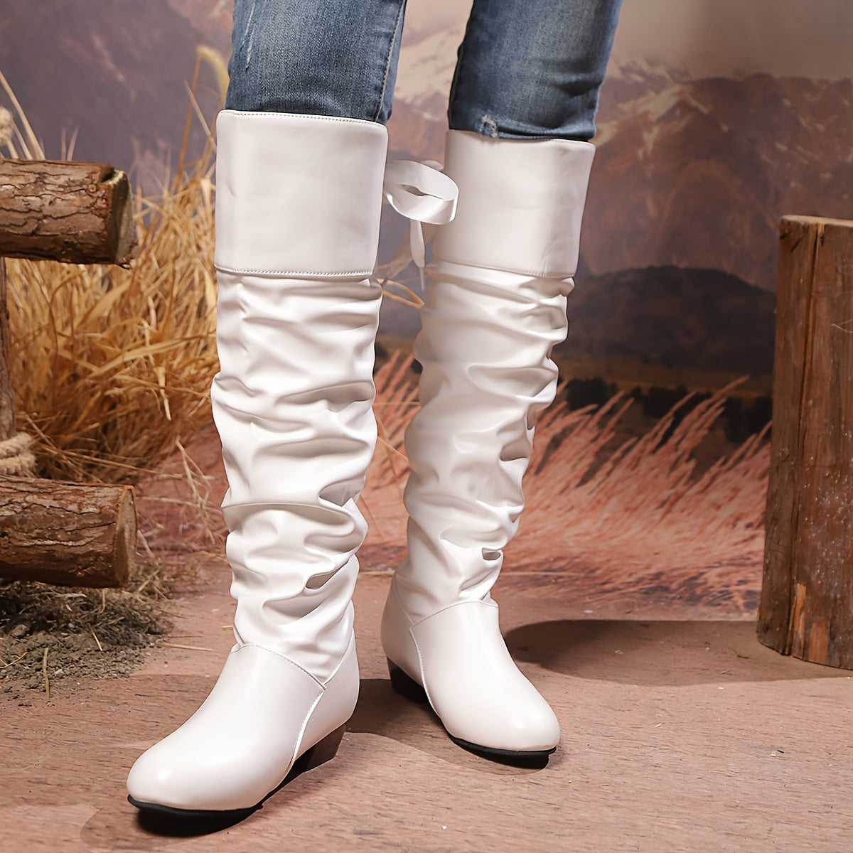 Women's Solid Color Knee-High Boots Casual Back Tie Round Toe Low Block Heel