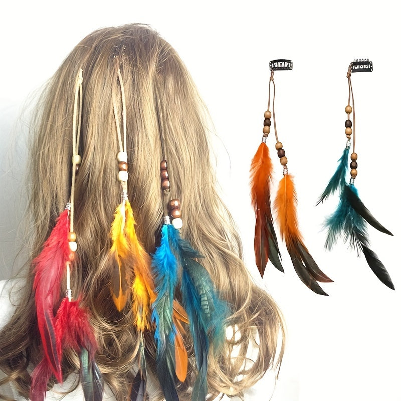 Ethnic Feather Hair Clip Set with Tassels, 6 Colorful Hand-Braided Feathers for Women