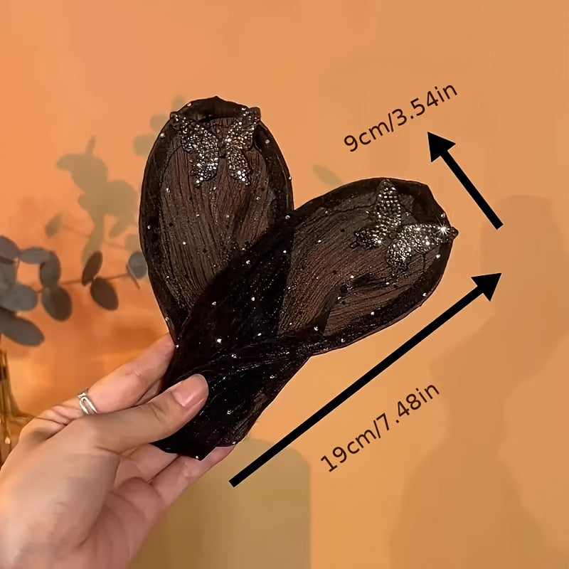 Creador de moño para cabello con lazo negro de inspiración vintage con piedras de rhinestone y lentejuelas para mujeres y niñas