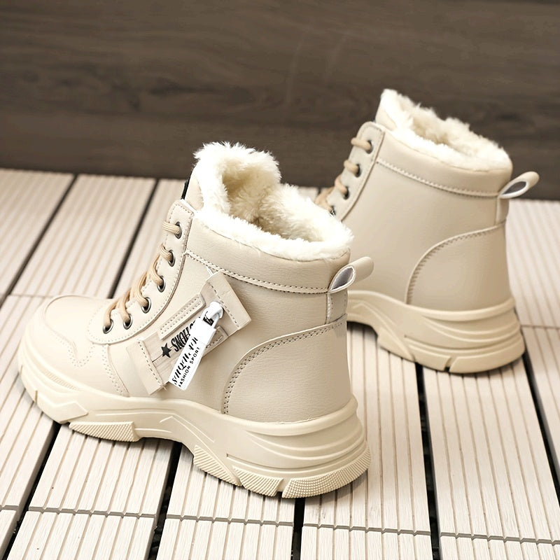 Women's Faux Leather Mid-Top Sneakers with Thick Platform Sole Beige Cold Weather Shoes