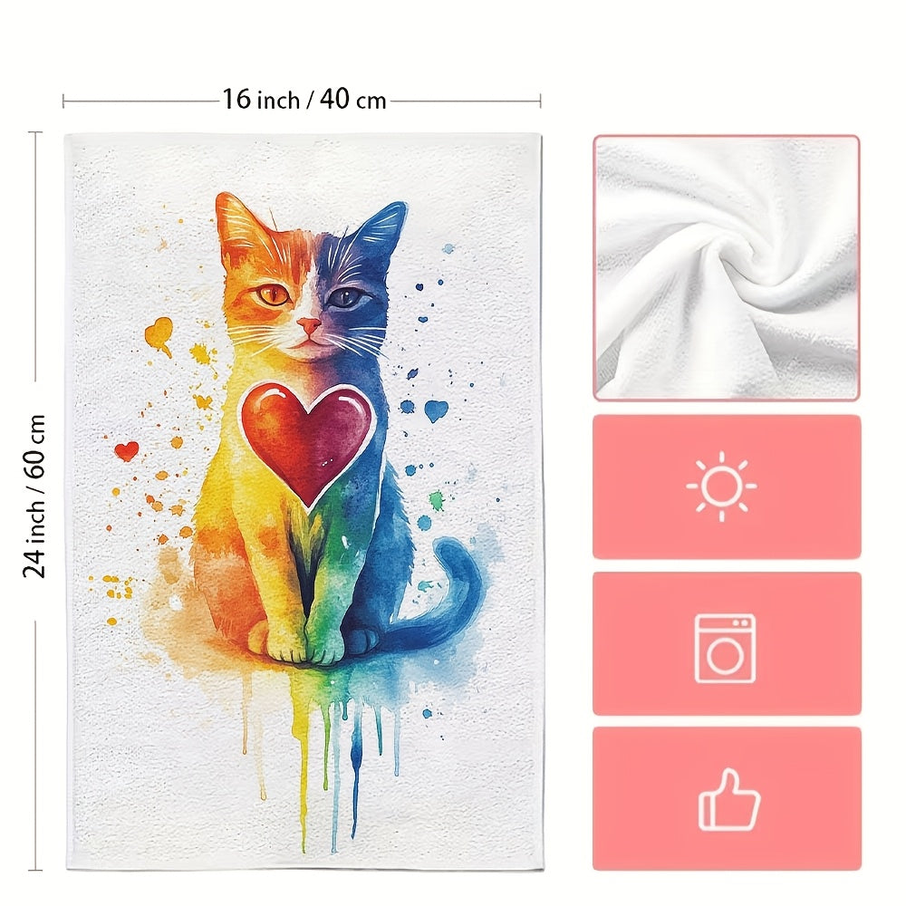 Ultra-Soft Kitchen Towels with Cat and Rainbow Hearts, Absorbent, 40x60 cm