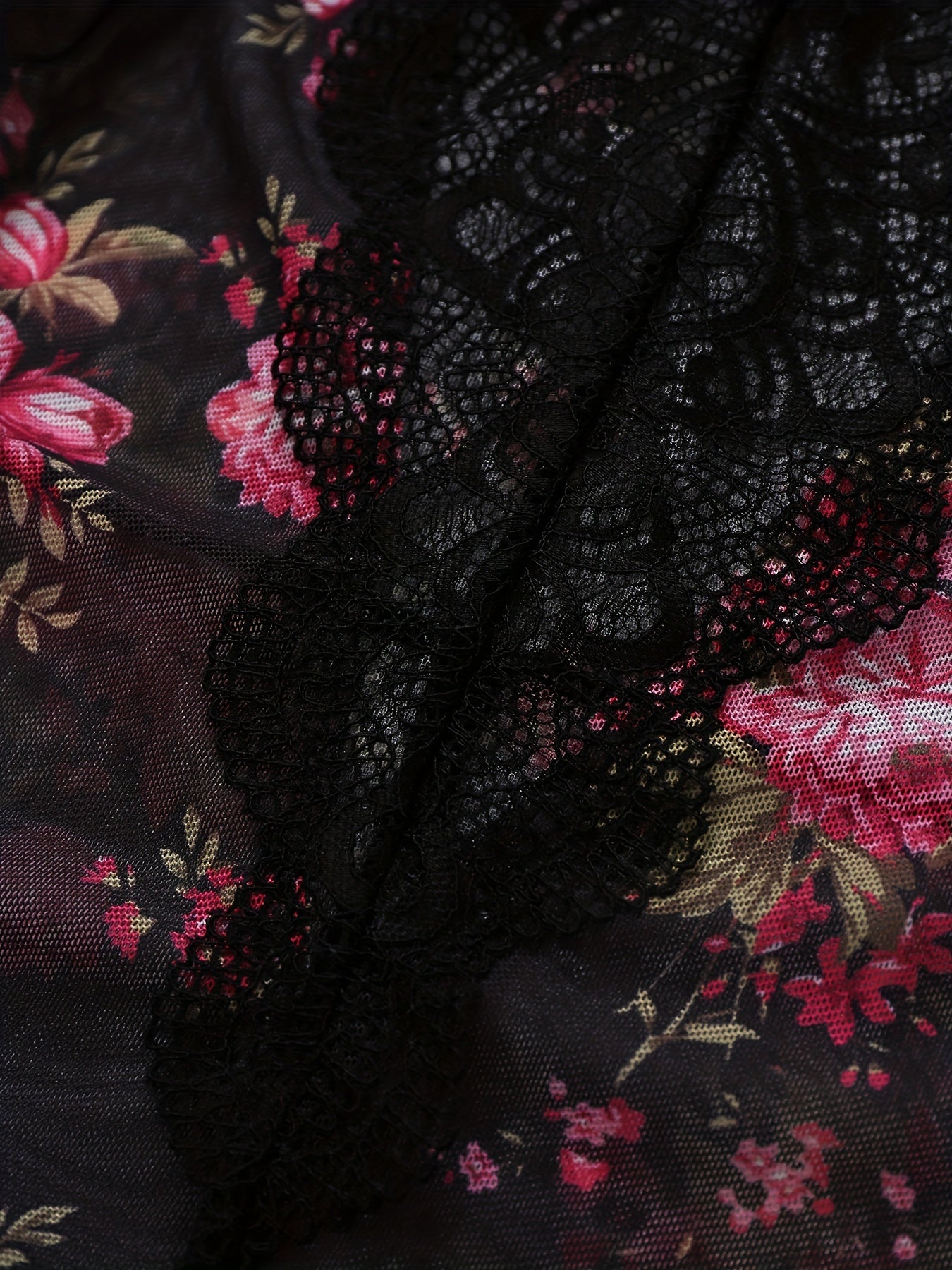 Women's Floral Print Lace Bow Babydoll Lingerie Semi Sheer Slip Dress