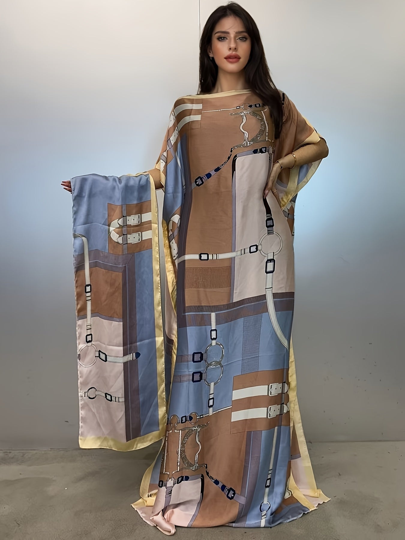 Women's Floral Print Abaya Maxi Dress Loose Fit Batwing Sleeves Summer Fashion