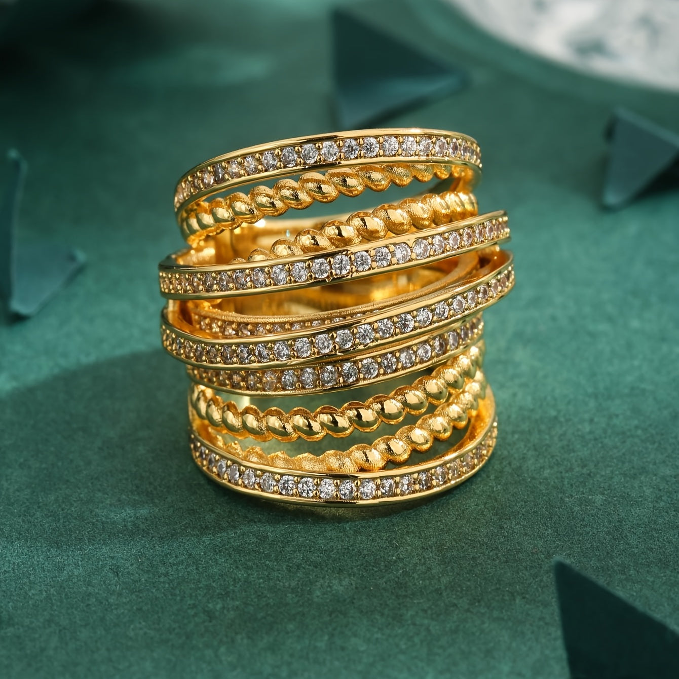 Women's Gold-Plated Copper Ring with Synthetic Cubic Zirconia December Birthstone Multi-Layer Starry Sky Design