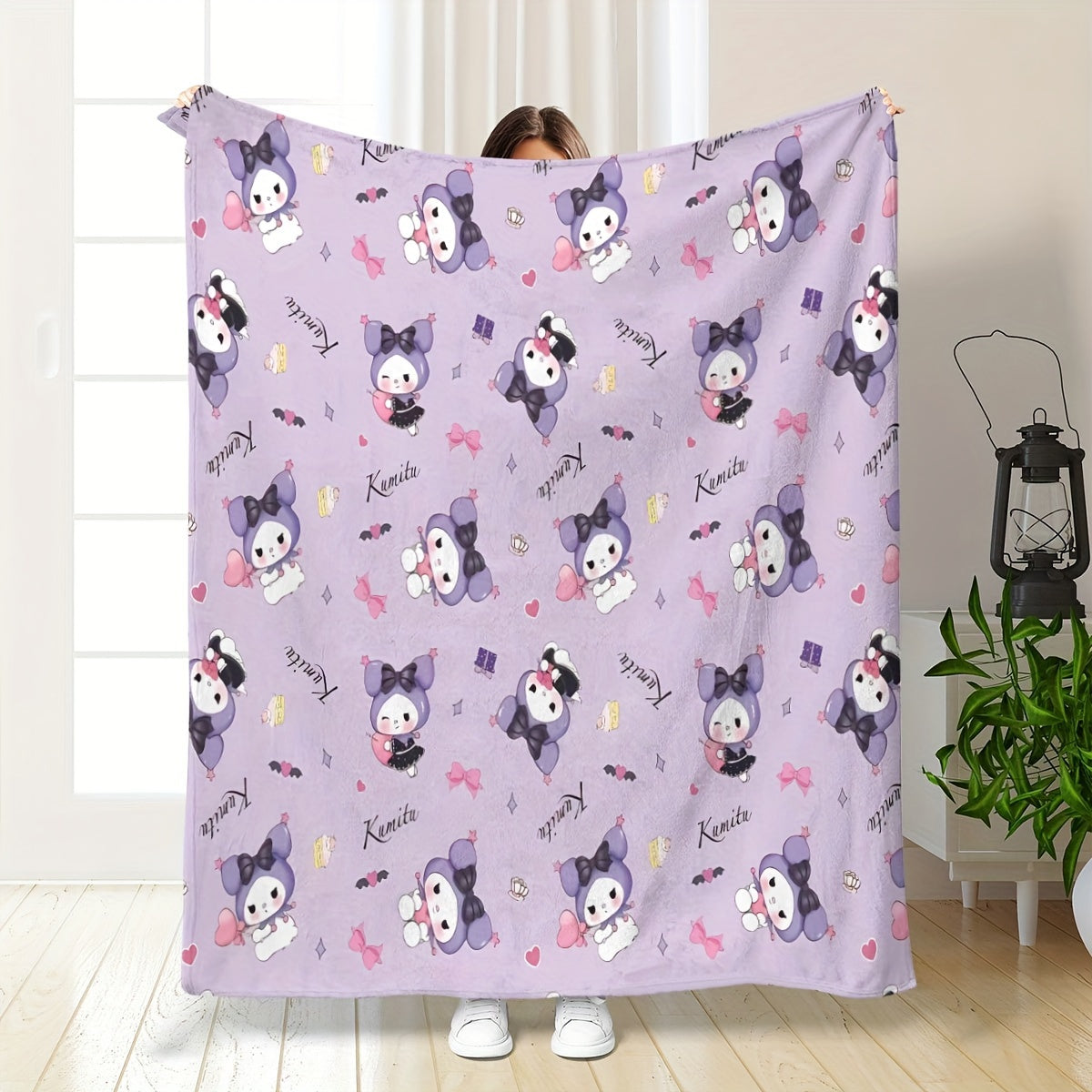 Kawaii Kuromi Flannel Throw Blanket Anime Digital Print Cozy Lightweight Polyester for Living Room Bedroom Office