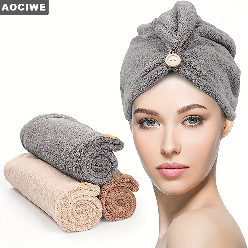 Microfiber Hair Towel with Button for Curly Hair Fast-Drying Anti-Frizz in Grey Camel Brown