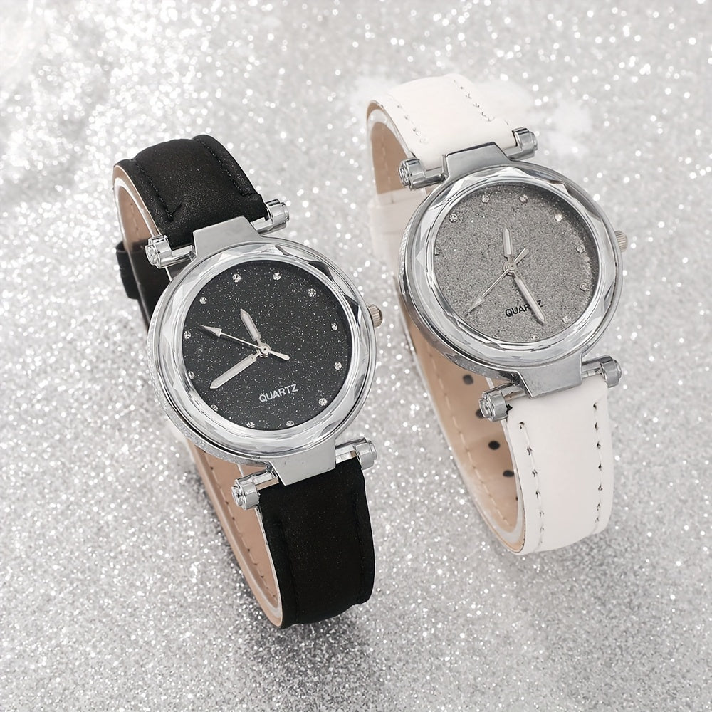 Set of 4 Quartz Watches and Heart Bracelets for Women and Men Faux Leather Straps Chic Round Dials Gift Set