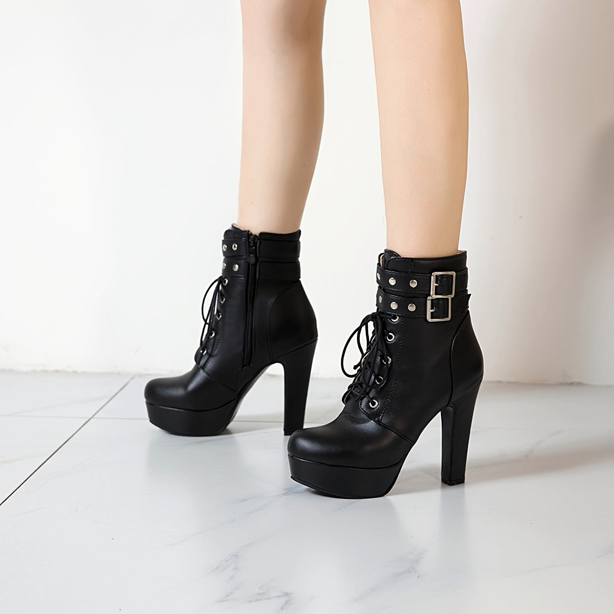 Women's Solid Color Faux Leather Ankle Boots with Block Heel