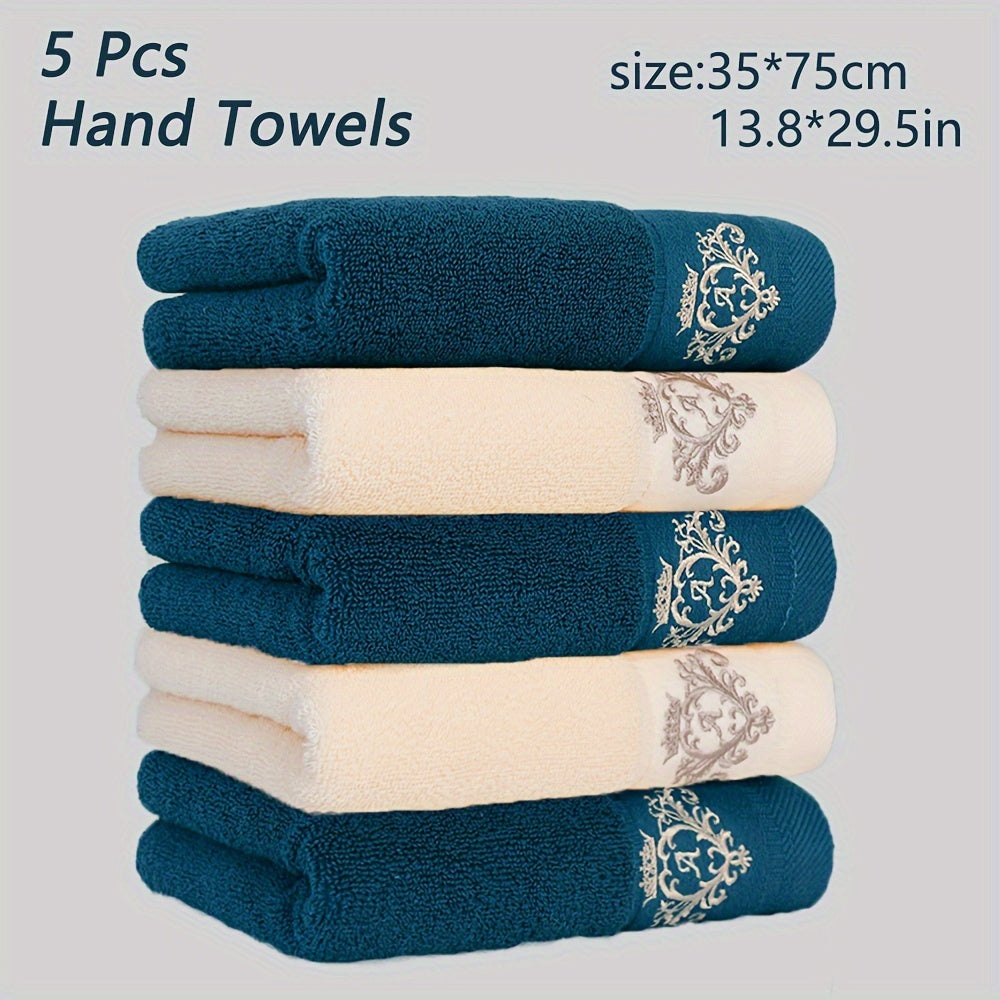 Soft Cotton Hand Towels with Crown Embroidery Quick-Dry Absorbent Thick 35x75cm for Bathroom Spa Gym White Gray Beige Teal Blue