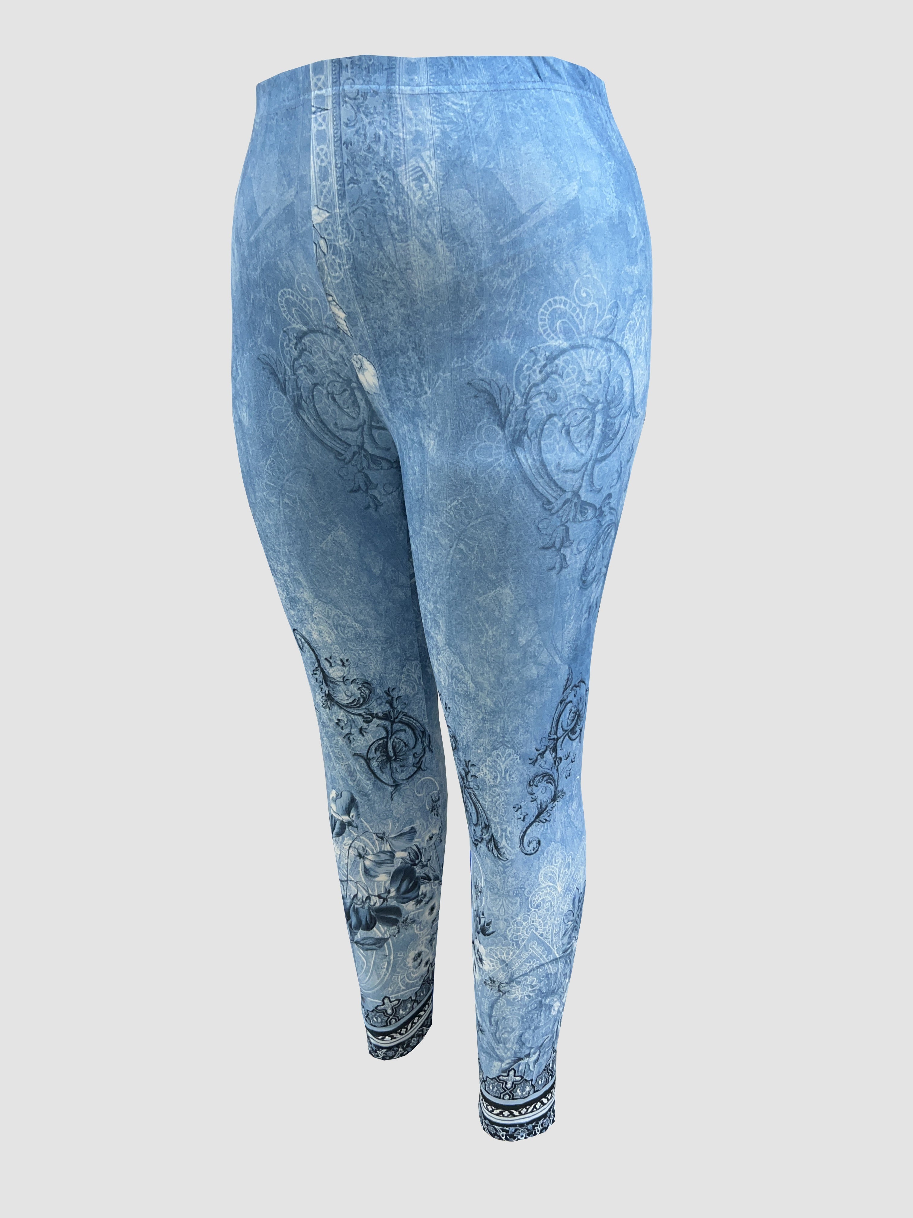 Women's Plus Size Floral Print Stretch Leggings Comfortable Polyester Blue Gray