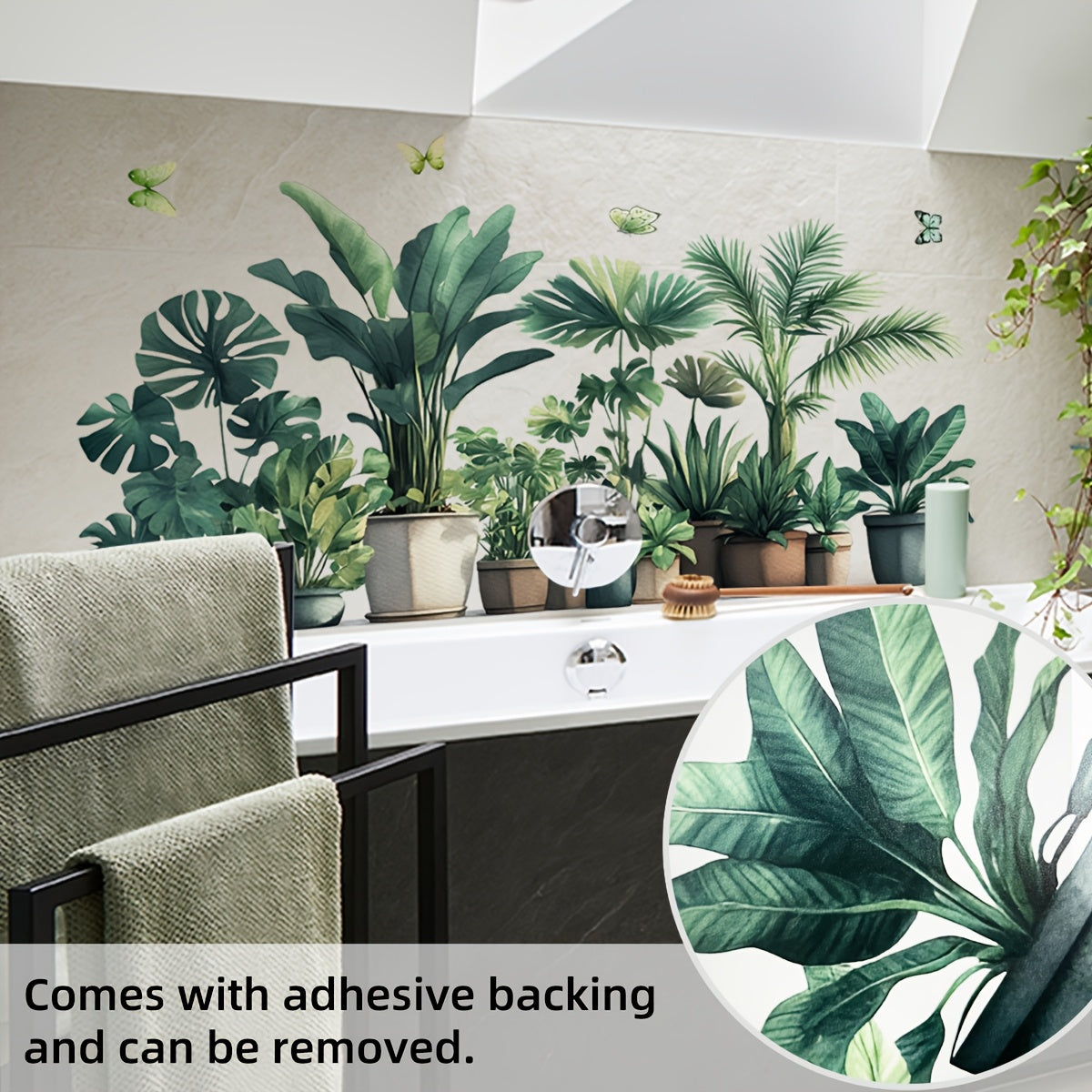Adhesivo de pared con motivos de vegetación y mariposas para decoración de baño 30x90cm