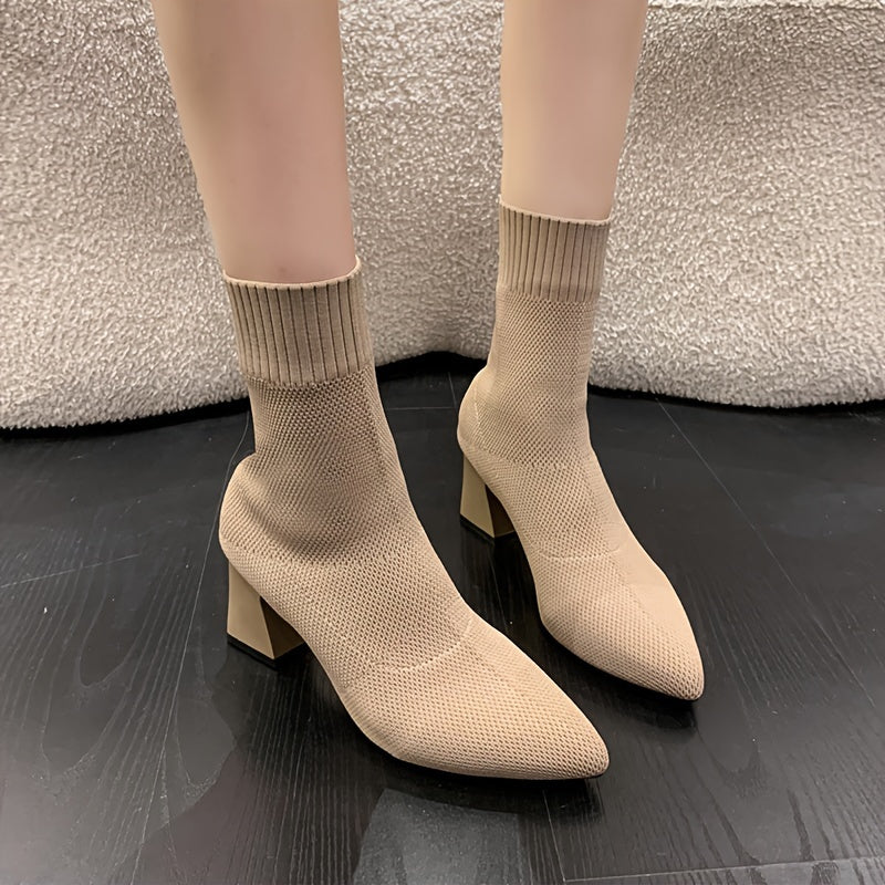 Women's Knitted Chunky Heel Ankle Boots Black Slip-On Casual Style