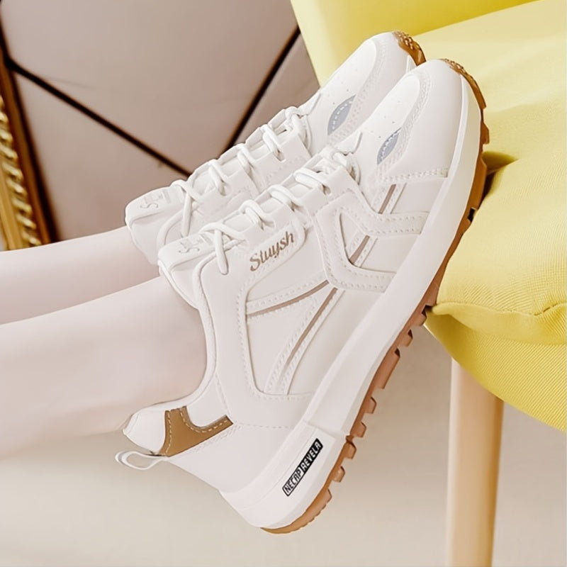 Women's Lightweight Casual Sneakers Low Top Solid Color Lace-Up Running Shoes with Rubber Sole