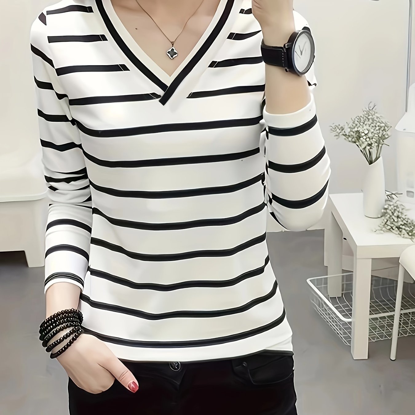 Women's Striped V Neck Long Sleeve T-Shirt Polyester Spring Fall Casual