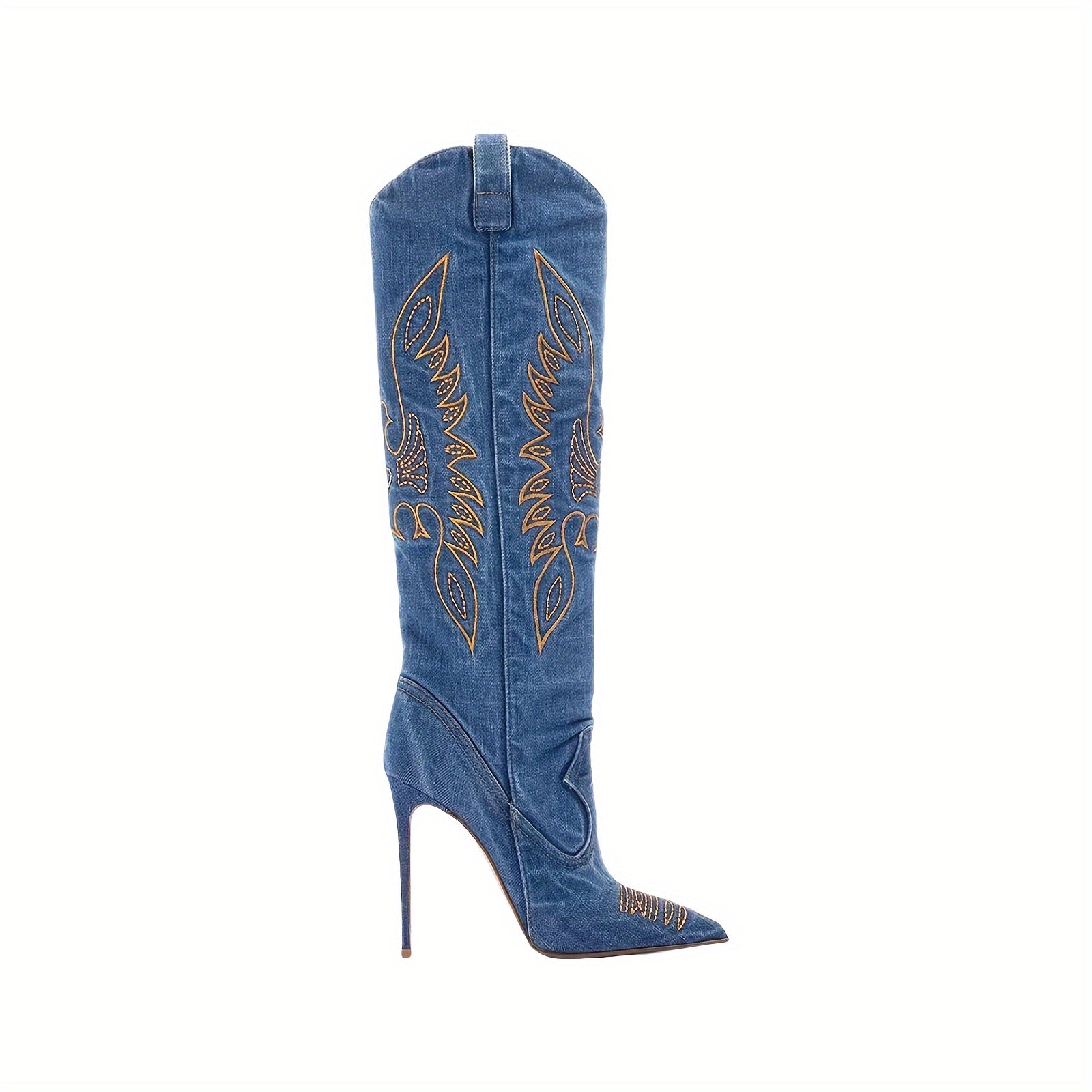 Women's Denim Knee-High Boots with Pointed Toes and Stiletto Heels