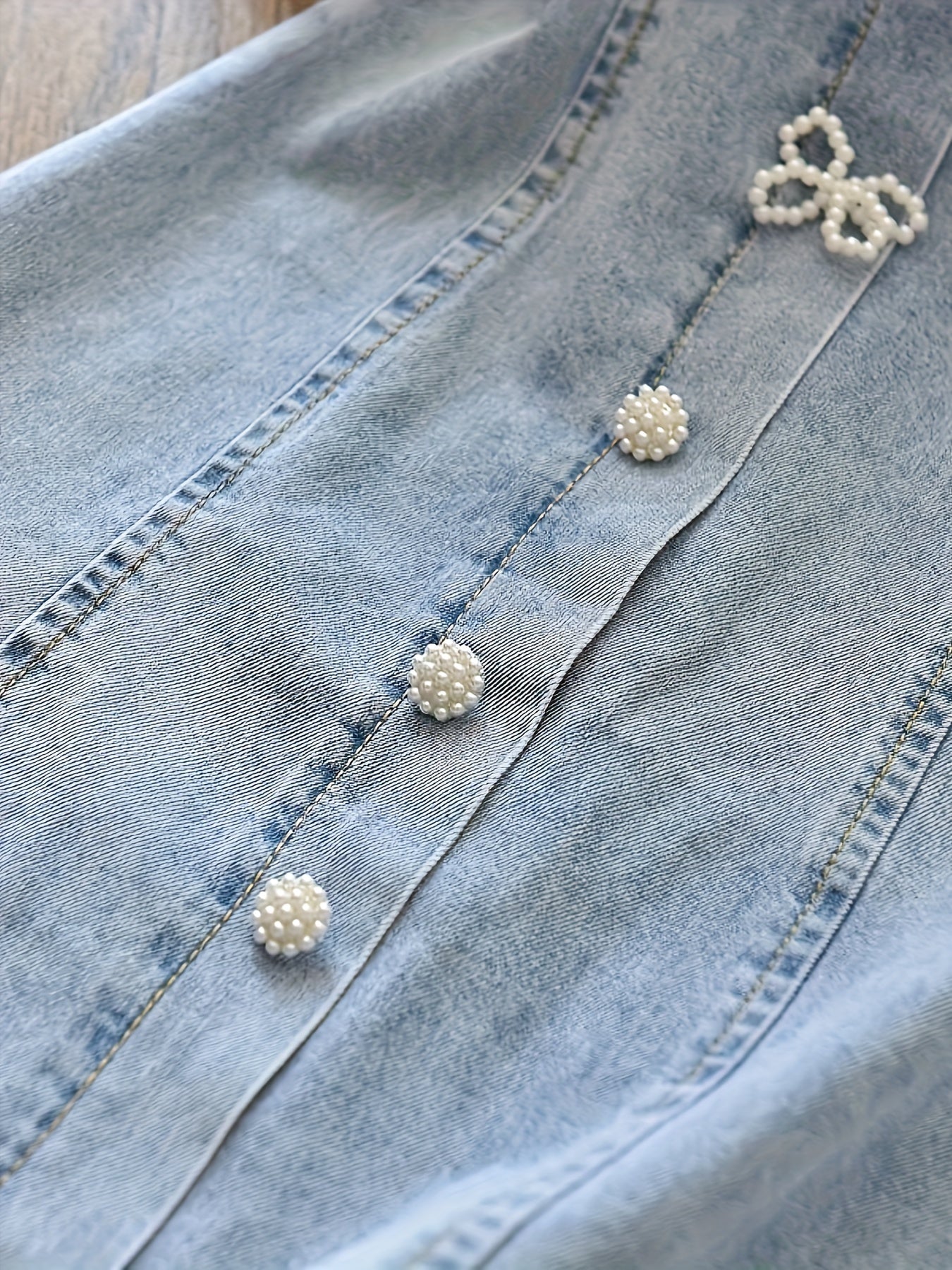 Kids' A-Line Denim Dress with Pearl Bubble Lace Sleeves Butterfly Details and Bow Accent for Summer Ages 12 and Under