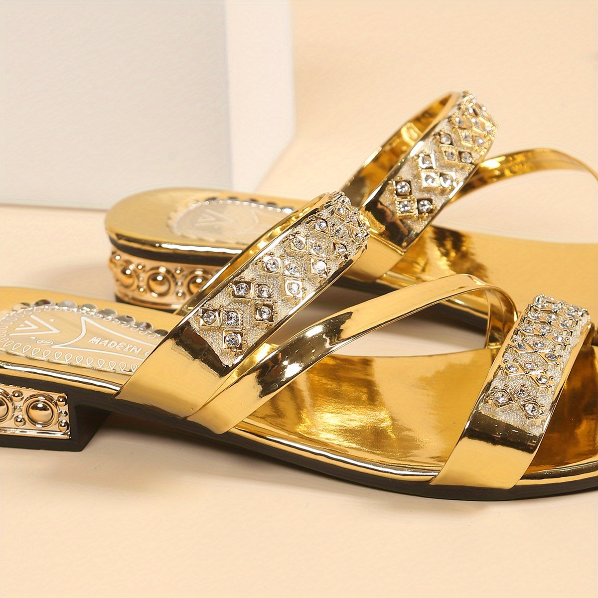 Women's Golden Satin Sandals with Rhinestone Straps Open-Toe Low Heel