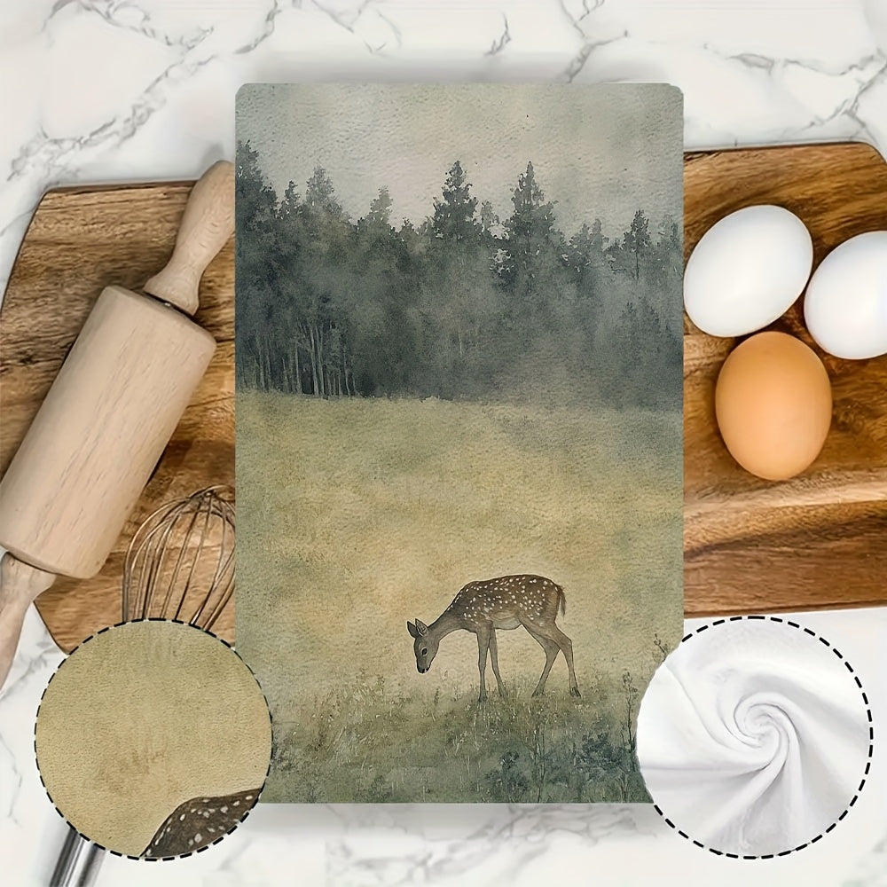 Ikki ultra yumshoq oshxona sochiqini tinch yaylov va kiyik dizayni bilan oling. Ushbu juda singdiruvchi polyester idish qo'l sochiqlari mashinada yuvilishi mumkin va o'lchamlari 40.64x60.96 sm. Ular bayram bezaklari uchun juda mos keladi.