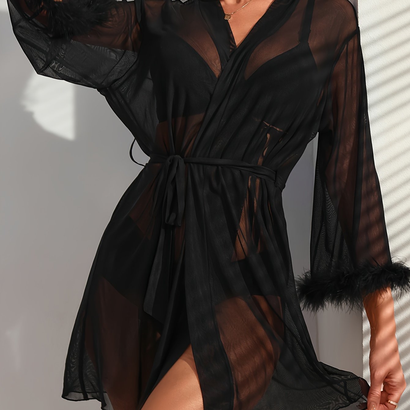 Semi Sheer Fuzzy Trim Nightgown with Deep V Neck Long Sleeves Belt Lingerie