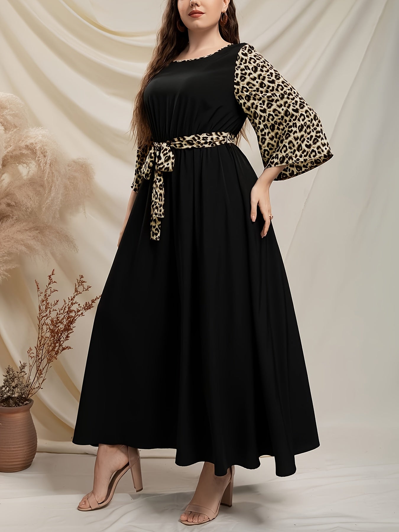 Women's Leopard Print Midi Dress with Lace-Up Detail and Flared Hem