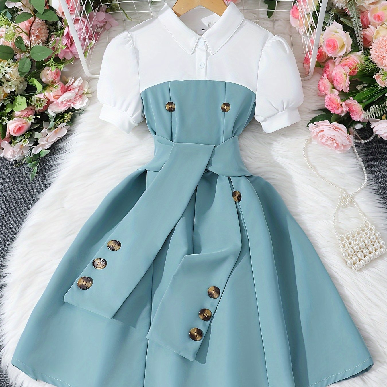 Girls Summer Dress Short Sleeve Collared Beige White Leopard Buttons Belt Casual Polyester