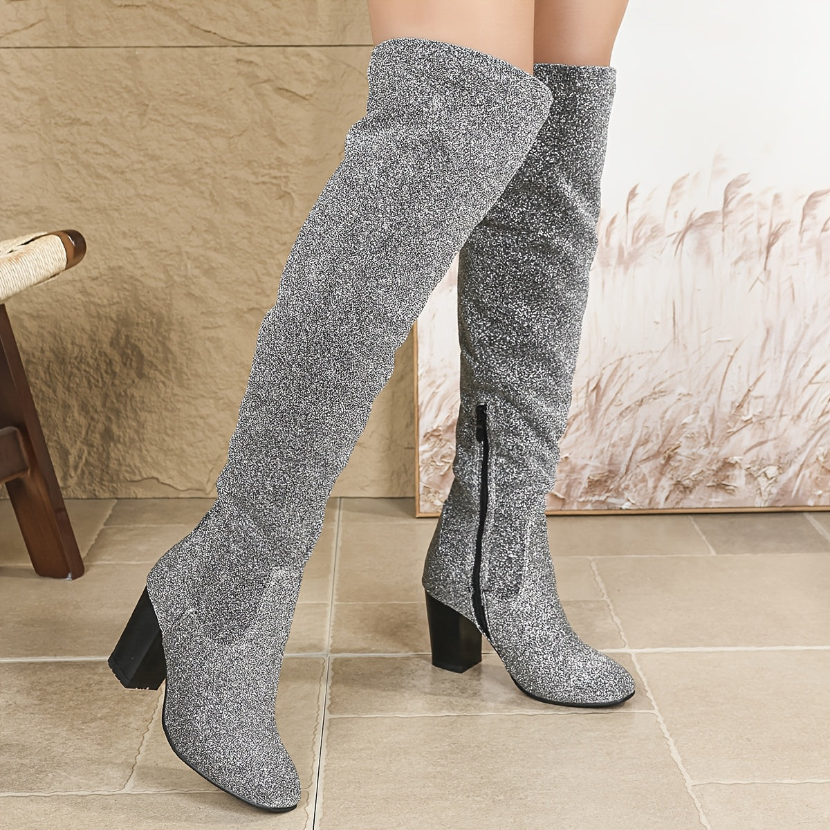 Women's Knitted Knee High Boots Slip-Resistant Rubber Sole Winter Footwear