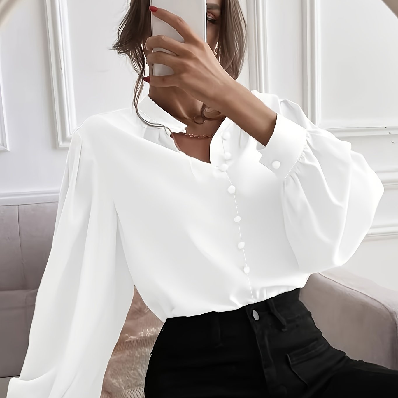 Women's Plus Size Woven Shirt Casual Short Sleeve Polyester Blue