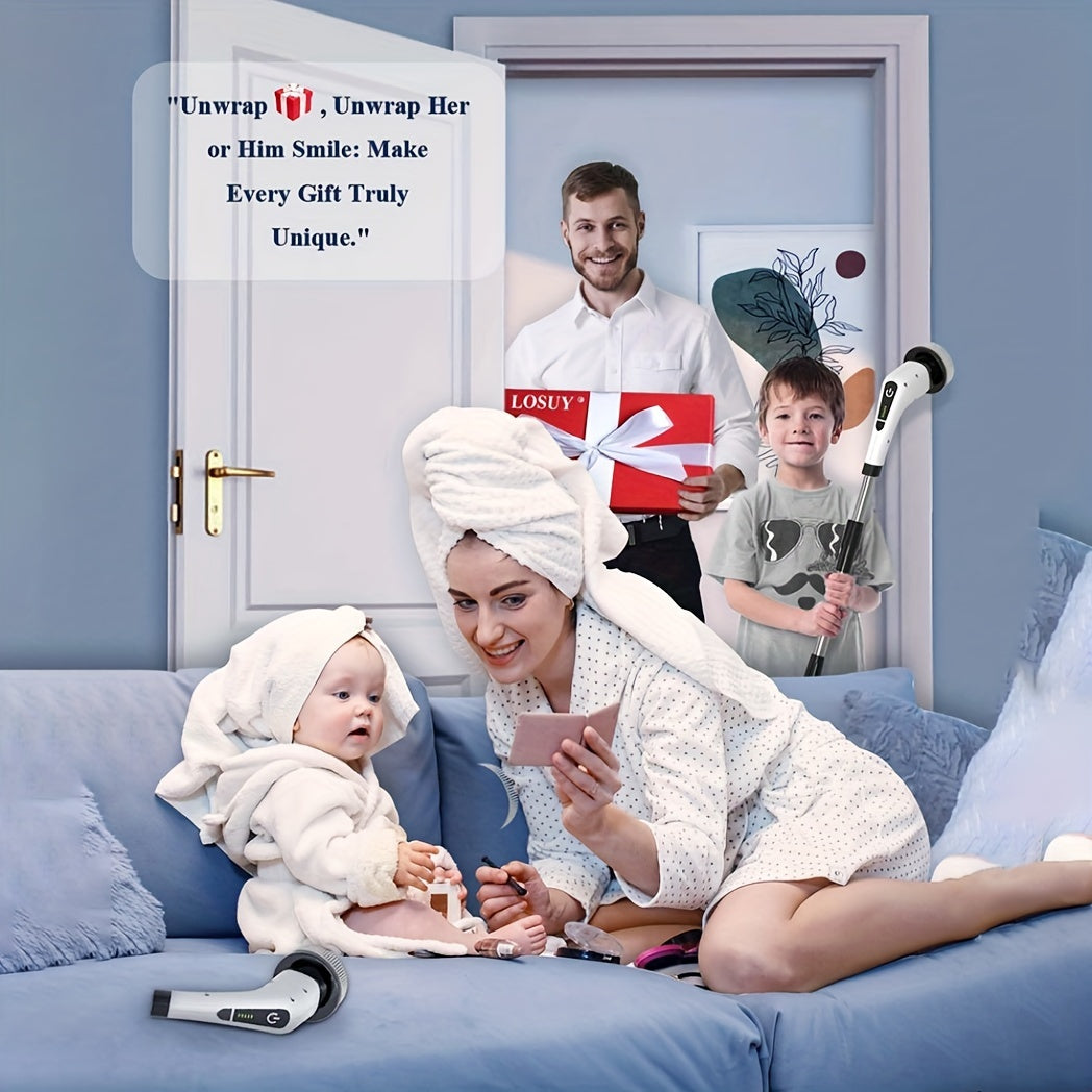 Elektr burama cho'tka, 7 ta cho'tka boshli, uzoq tutqichi, turli tozalash vazifalari uchun zaryadlanadigan.