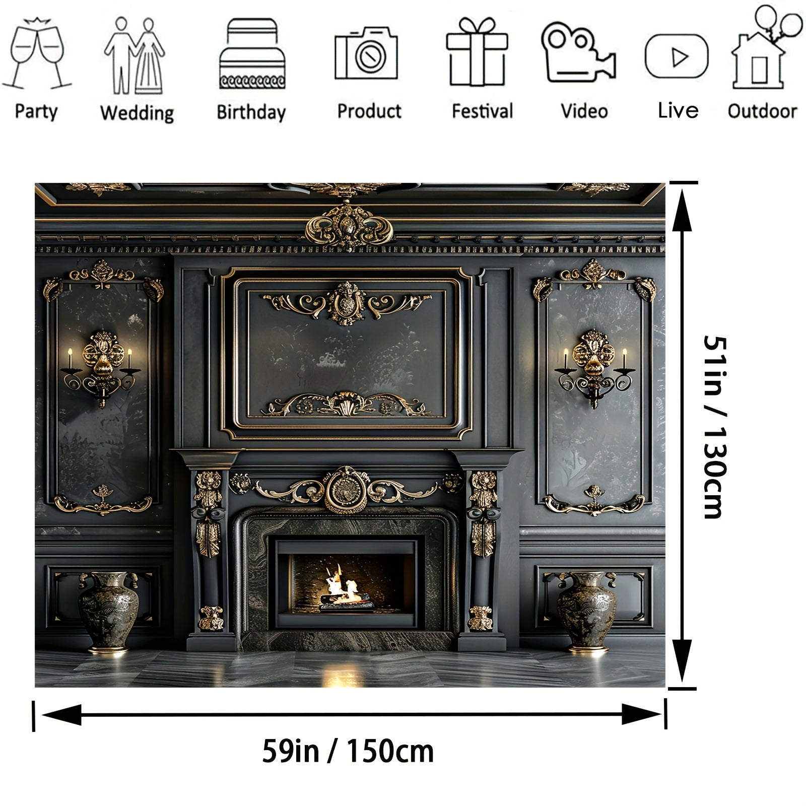 Vintage Interior Fireplace Backdrop Black and Gold Wall Art for Photography and Decor