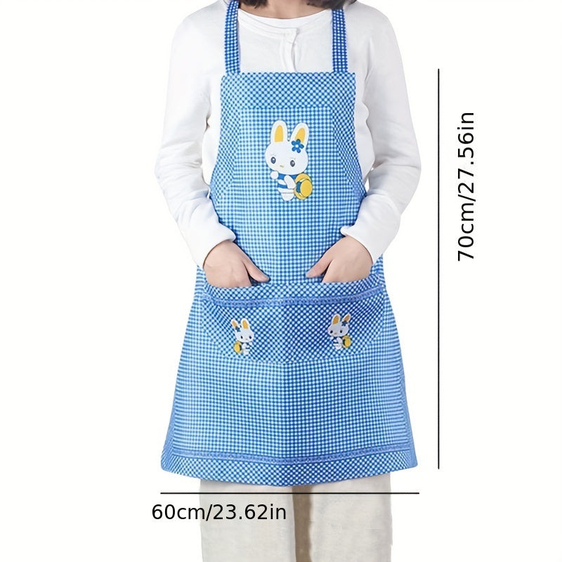 Polyester apron, turli ranglarda qiziqarli quyon multfilm dizayni bilan, pishirish va oshxona ishlari uchun ideal. Quvvatlash uchun sozlanadigan kamarlar.