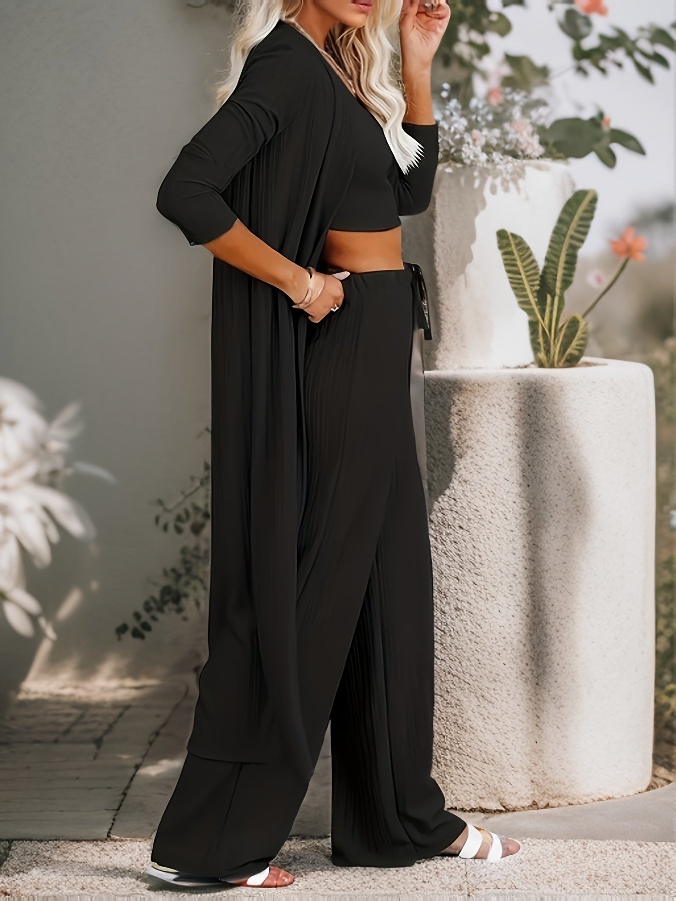 Women's Long Sleeve Solid Color Knit Pajama Set with Faux Drawstring for All Seasons