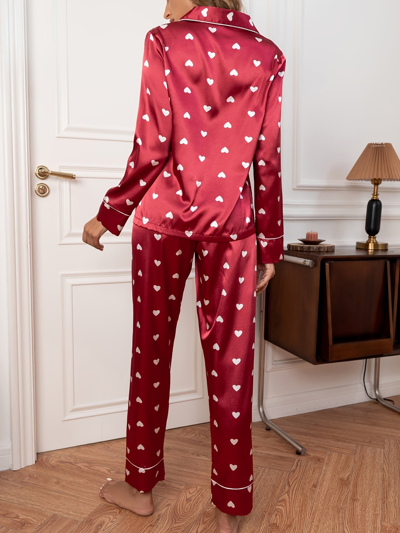 Women's Long Sleeve Pajama Set with Red Heart Print Polyester Woven Fall Winter