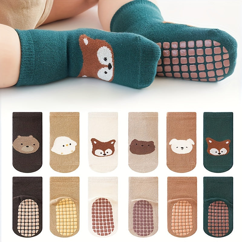 Toddler Cotton Socks 6 Pairs All-Season Anti-Skid Cute Cartoon Designs for Boys and Girls