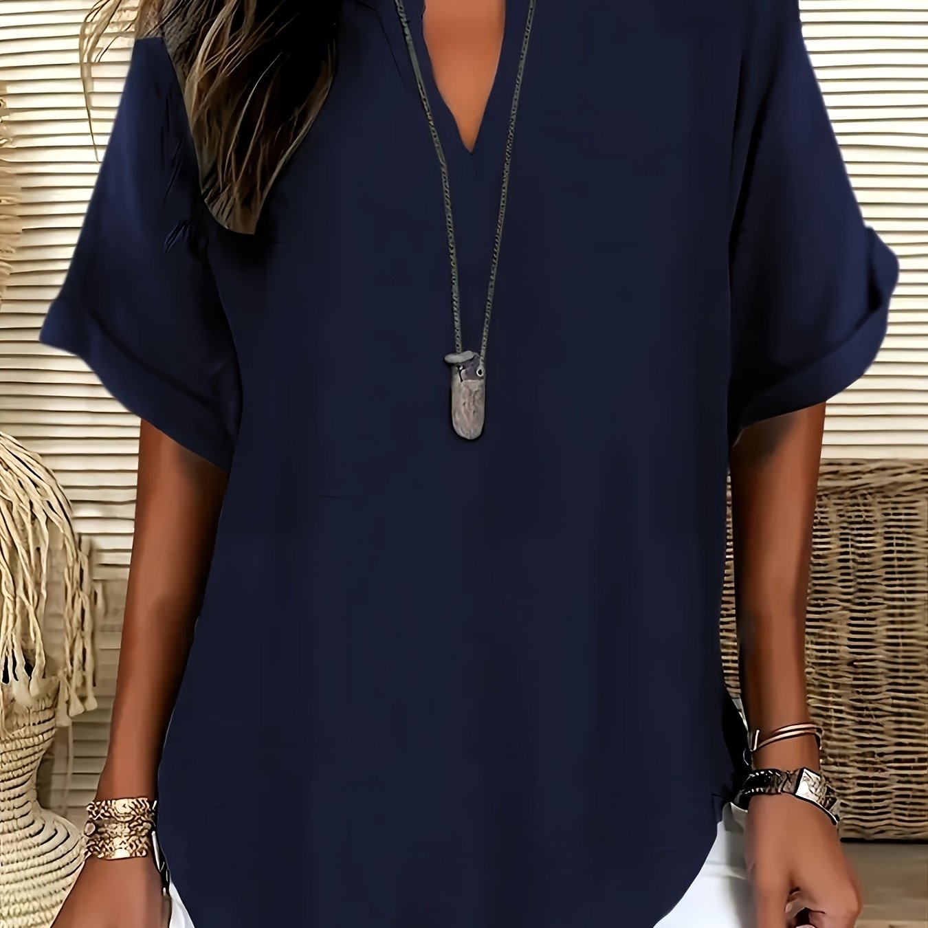 Plus Size Women's Short Sleeve Blouse Casual V-Neck Flared Hem All-Season Shirt