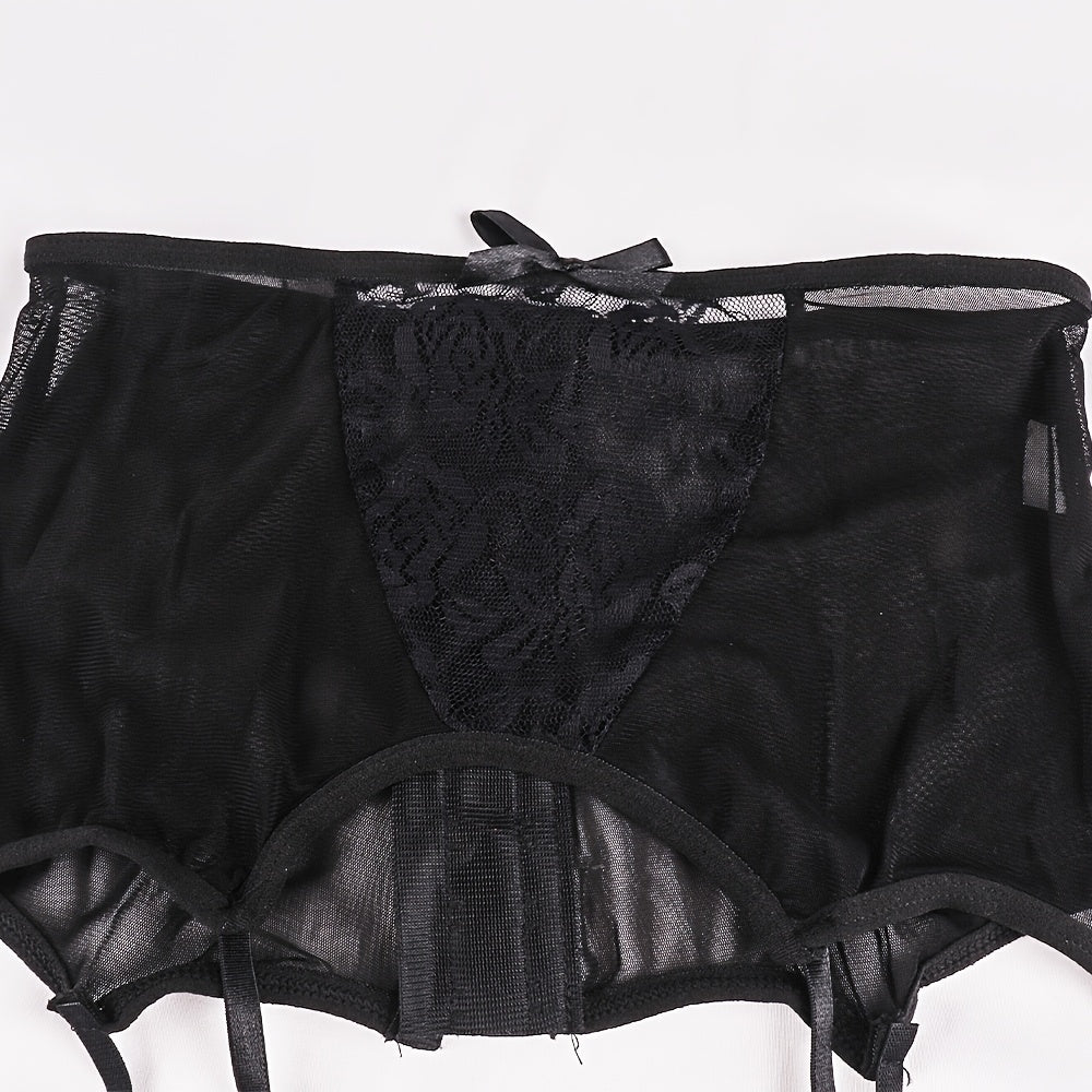 Women Lace Garter Belt Black Sheer Floral Adjustable Set