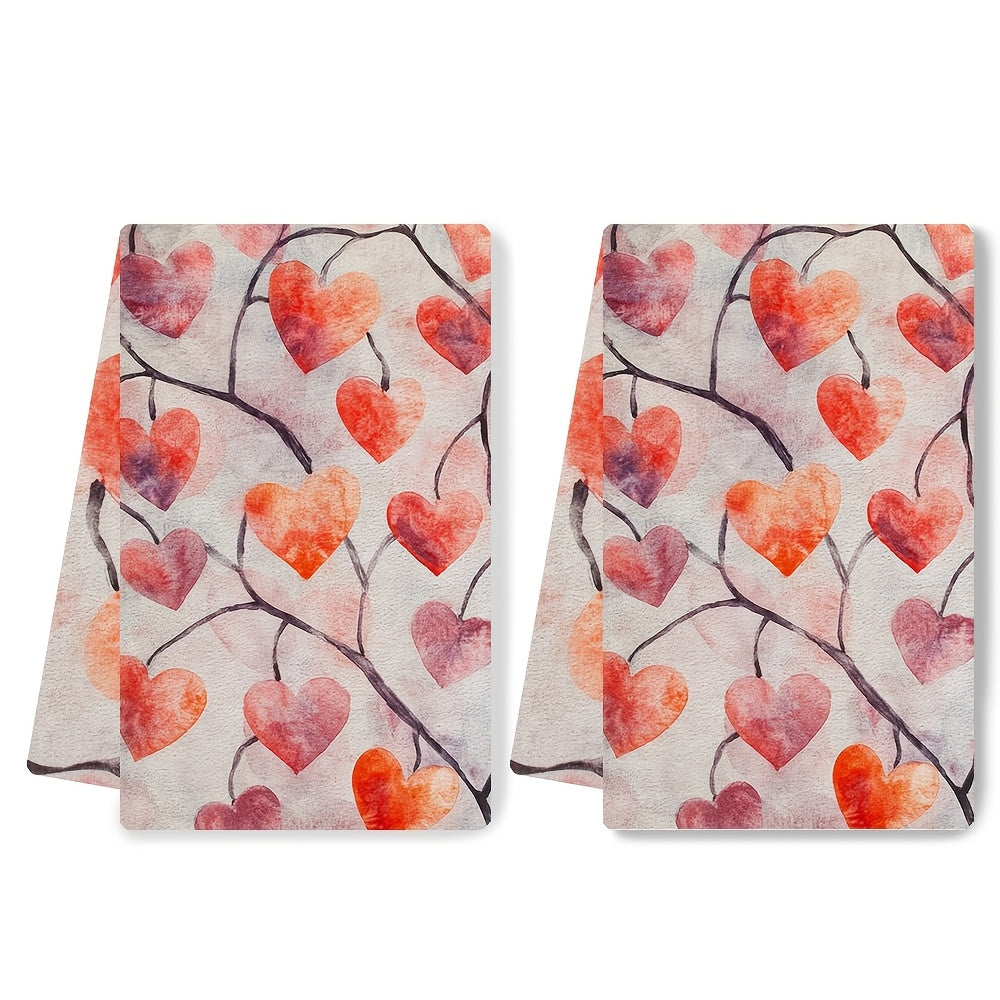 Valentine's Heart Kitchen Towels Set of 2 Soft Absorbent Dish Hand Towels Red Pink