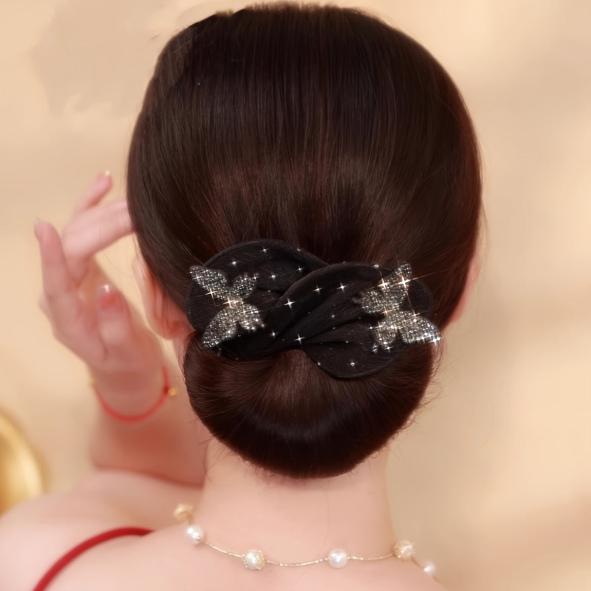Creador de moño para cabello con lazo negro de inspiración vintage con piedras de rhinestone y lentejuelas para mujeres y niñas