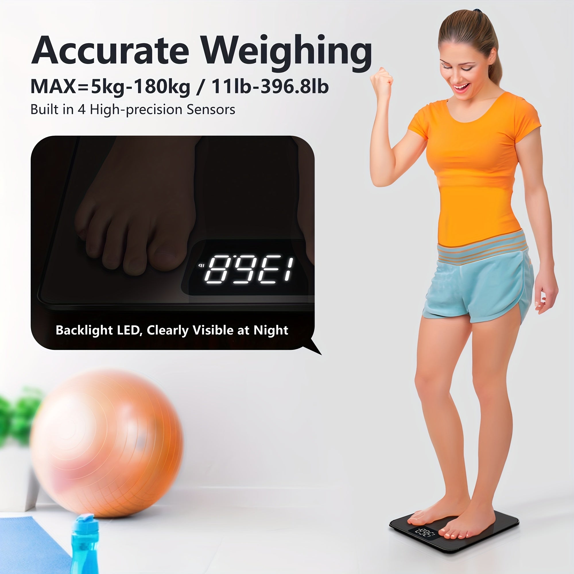 Digital Bathroom Scale Measures Body Weight Up to 181.44 KG with LED Display