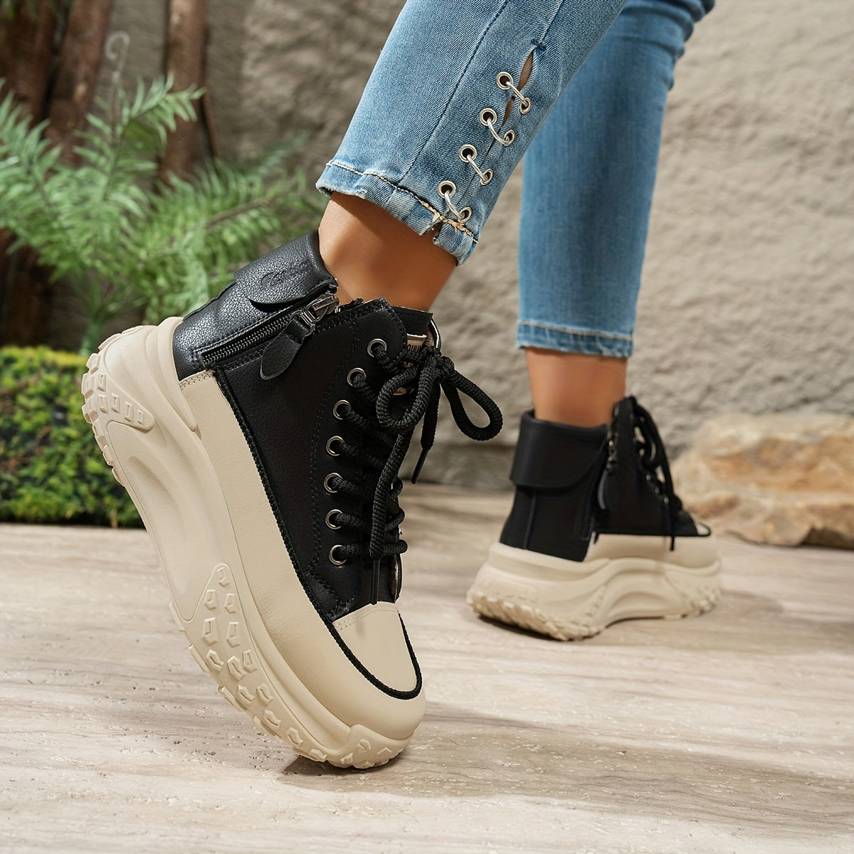 Women's High-Top Platform Sneakers with Rubber Sole Slip-Resistant Beige Black