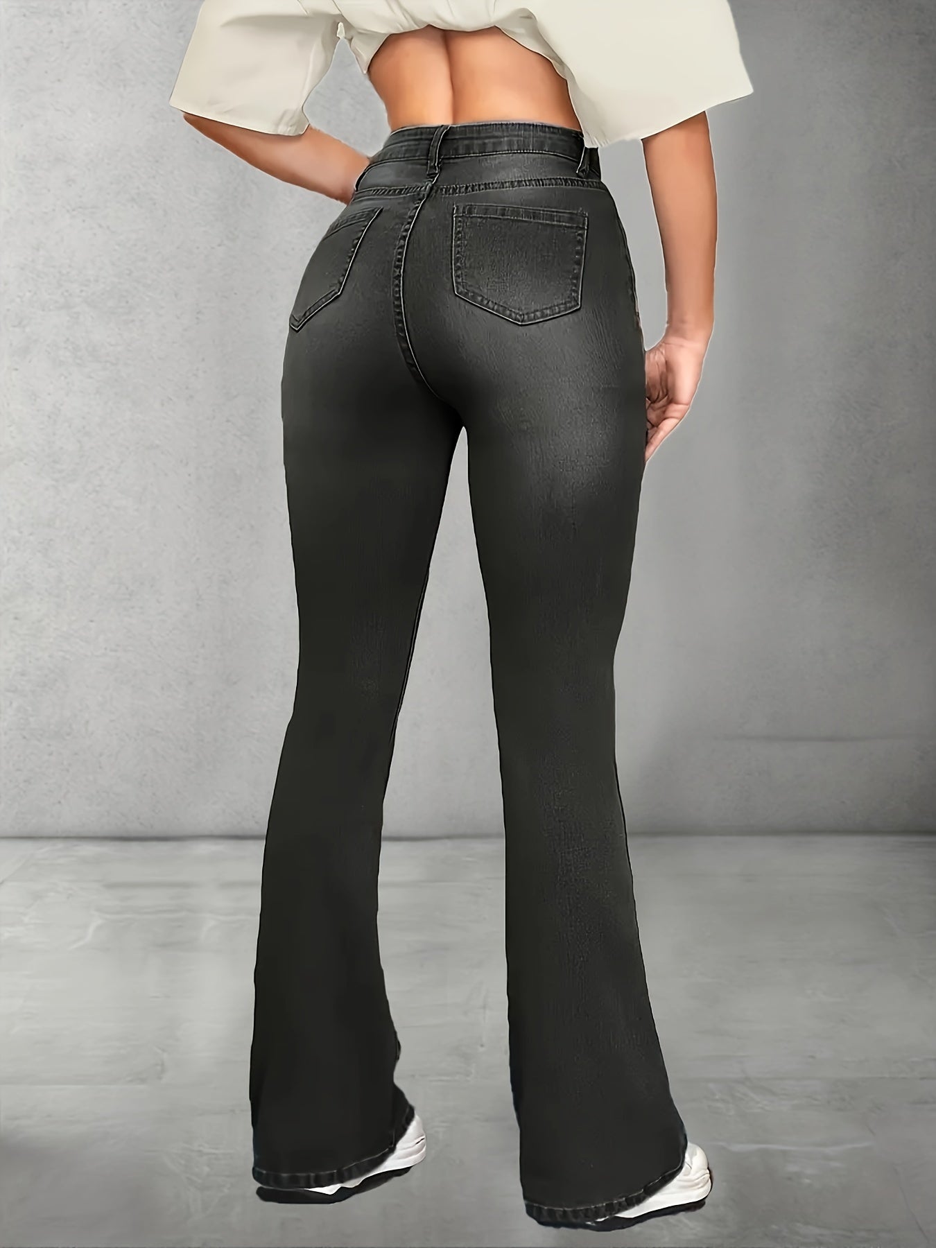 Women's High Waist Flare Leg Jeans in Black Stretch Denim with Whiskering Detail