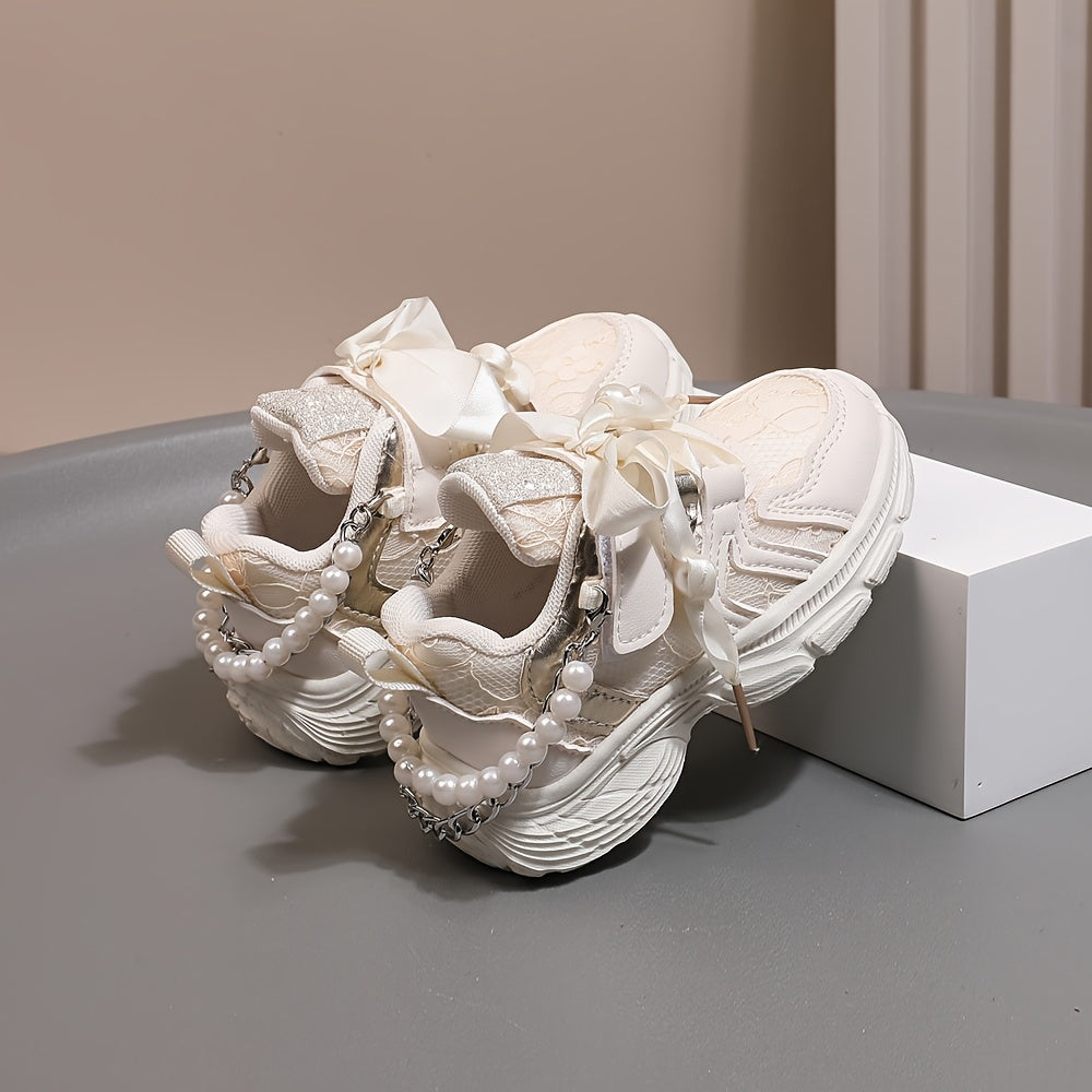 Toddler Girls Sneakers with Pearl Chain Casual Lace-Up Breathable Fabric EVA Sole Beaded Design for Spring Fall