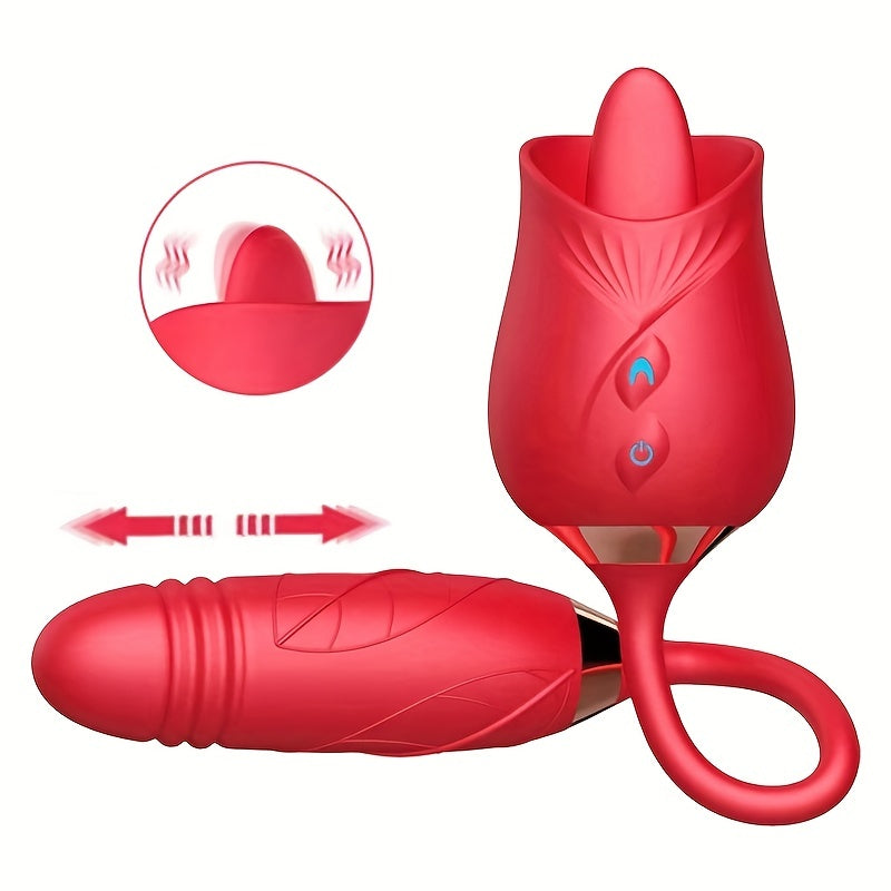 Women Rose Vibrator 3-in-1 Clitoral Tongue Thrust G-Spot Massager