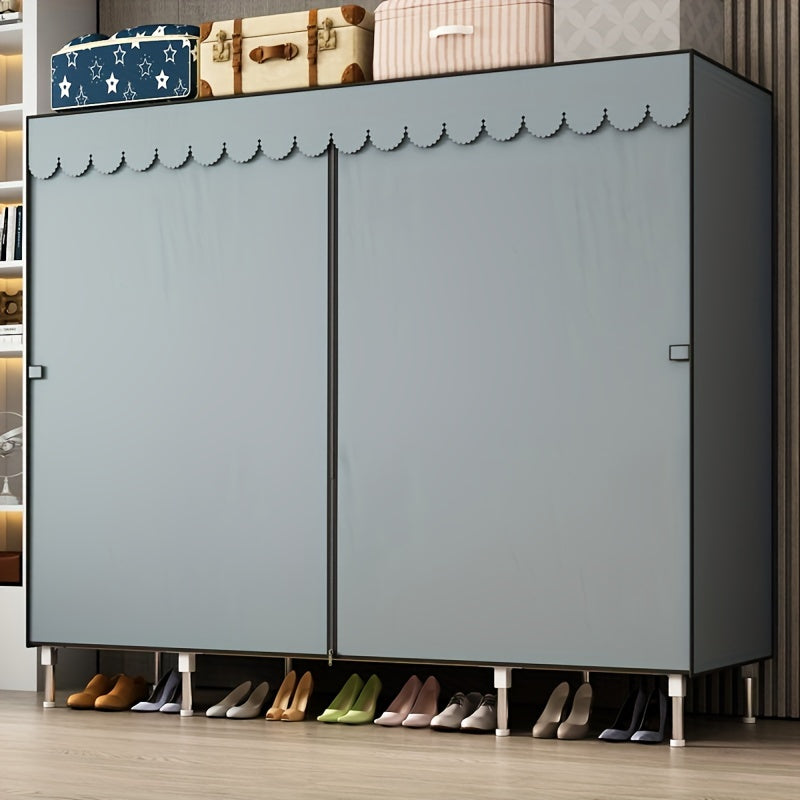 Armario de almacenamiento de ropa con tubo de acero, cajón y cortina a prueba de polvo para dormitorio o entrada